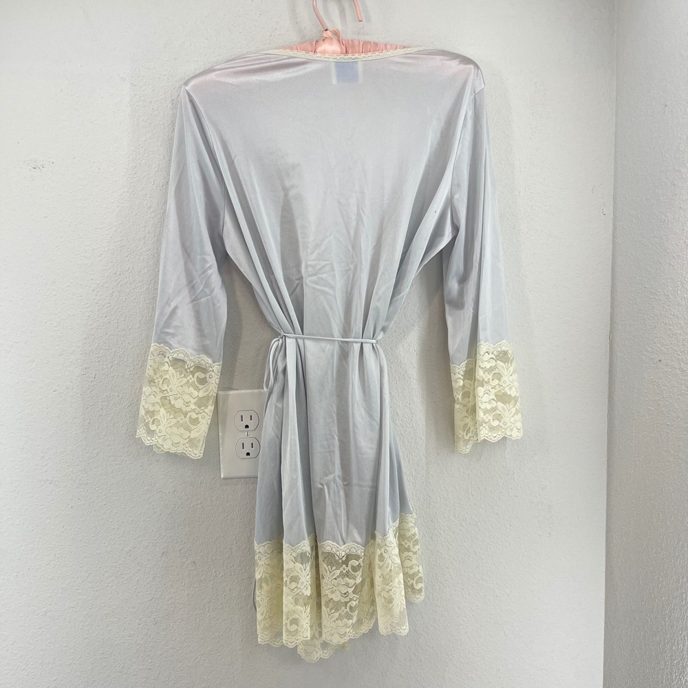 Vintage Lace Trim Kimono Robe S Sheer Coquette Boudoir Bell Sleeve - Picture 7 of 12